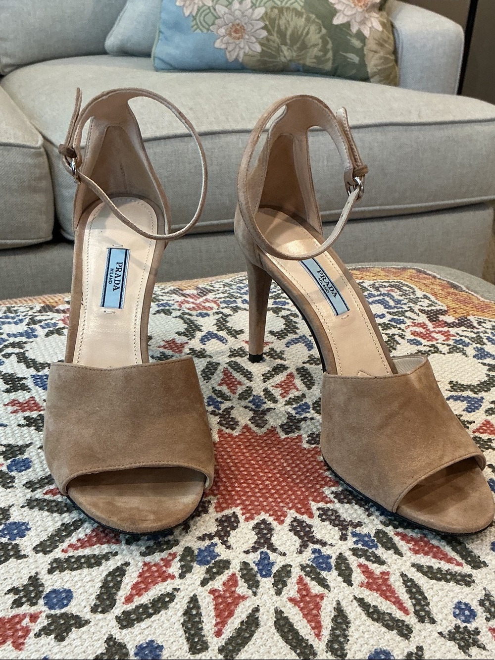 Prada Suede Open-Toe Ankle-Strap Heels in Tan